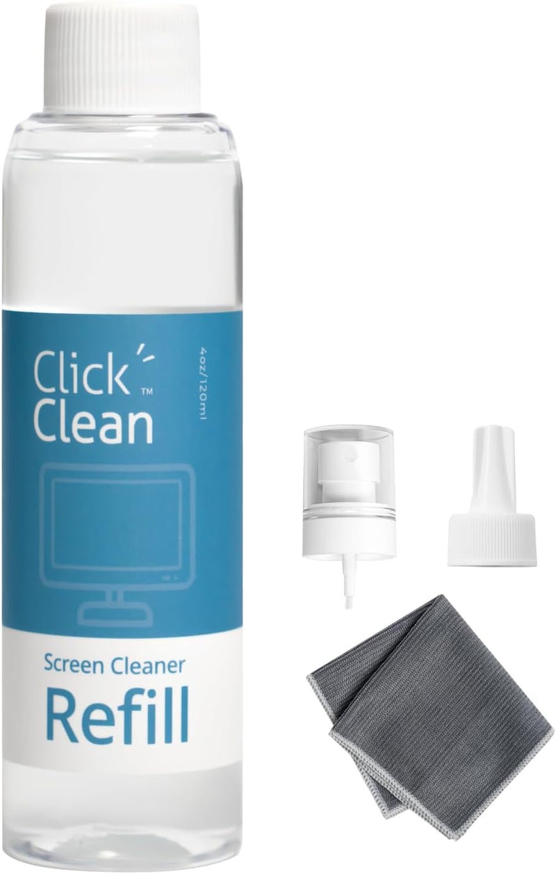 CLICK CLEAN Screen Cleaner Refill Kits - 4 oz Cleaner Refill and 1 Microfiber Cloth(7.8 x 7.8in), 1 Mini Refill Funnel + 1 Sprayer - Specially Designed for Cleaning Products - Image 1